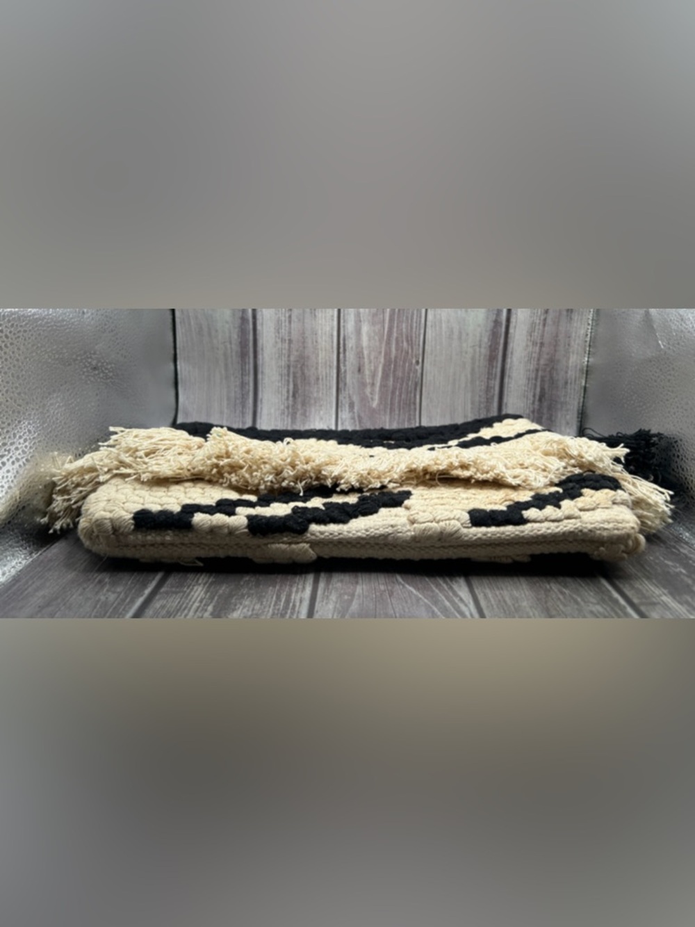 MANGO Boho Embroidered Clutch Bag Woven Cotton Macrame Fringe Black Off White - Picture 7 of 13